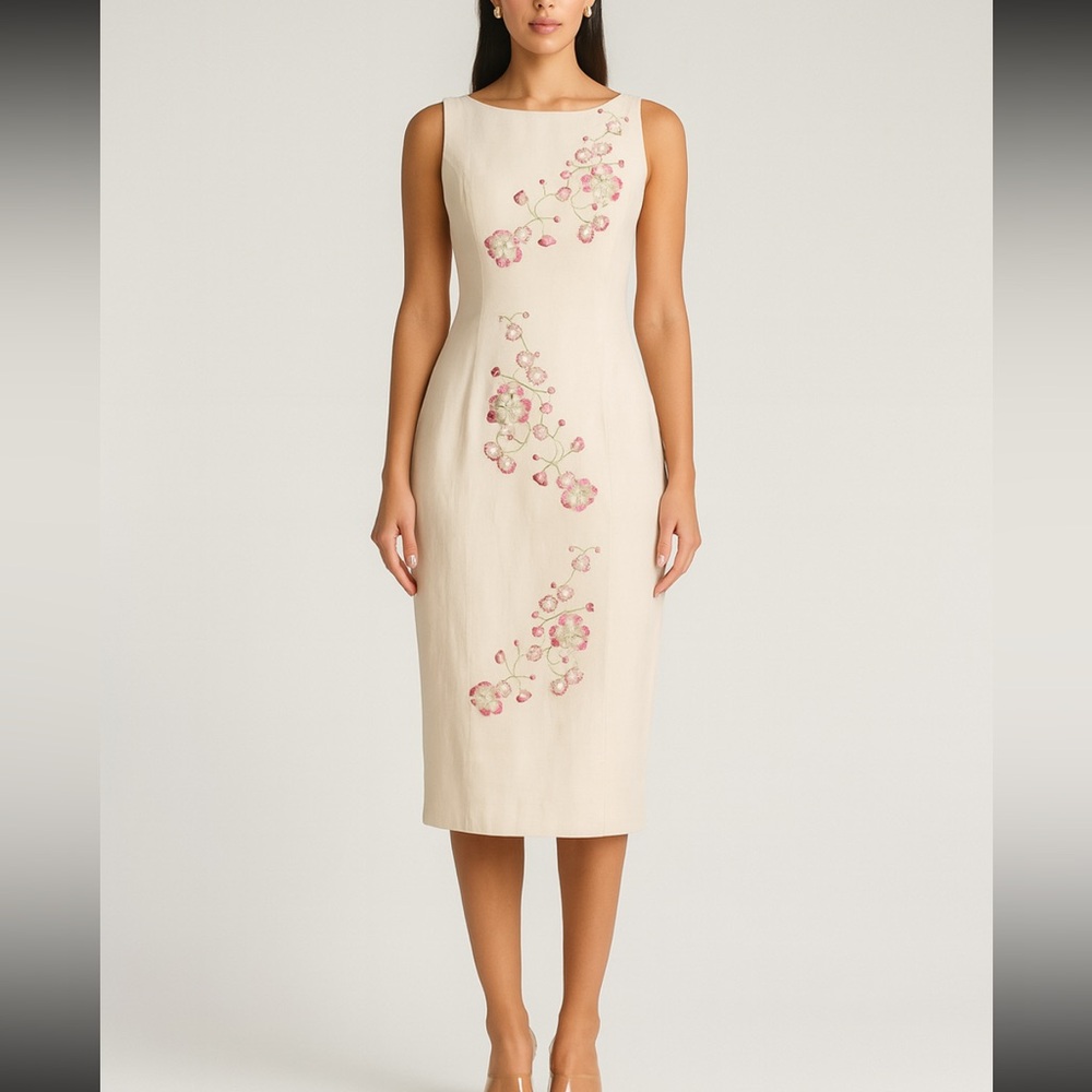 Vintage Cathrine 100% Silk Floral Midi Dress Size L Open Back Embroidered Slip